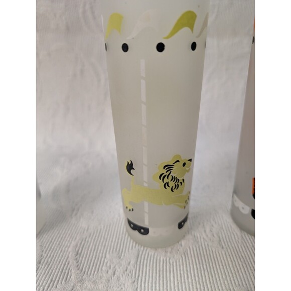 Vintage MCM Libby “Circus Carousel” 4 Frosted Glasses Tom Collins Animals Flag - Picture 4 of 11